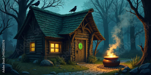 Halloween Witch's Cottage landscape vector illustration.  Halloween witch comic style digital art 