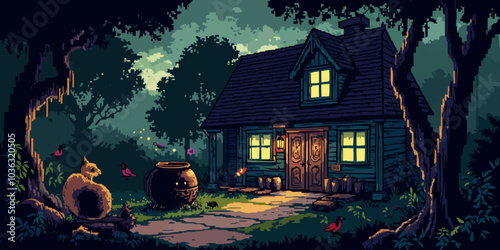 Halloween Witch's Cottage landscape vector illustration.  Halloween witch comic pixel style digital art 