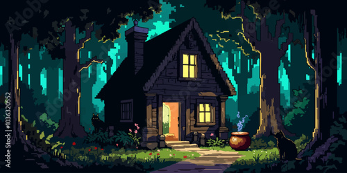 Halloween Witch's Cottage landscape vector illustration.  Halloween witch comic pixel style digital art 