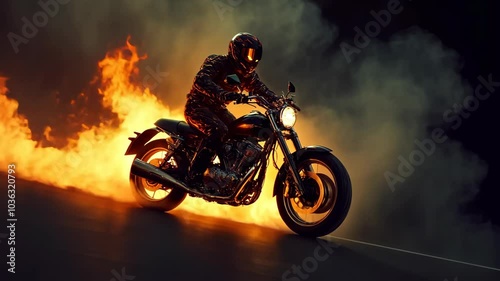 A motorcyclist rides through a plume of fire, leaving a trail of flames on the asphalt photo