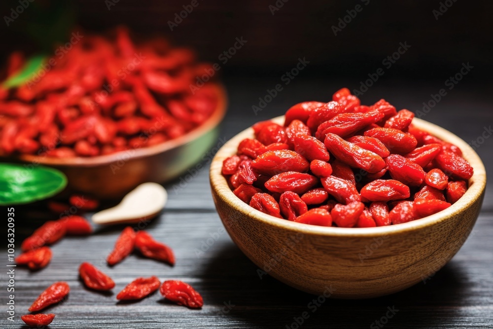 Goji Berries in a bowl, ready to be added to smoothies or health drinks Goji Berries in a bowl, ready to be added to smoothies or health drinks