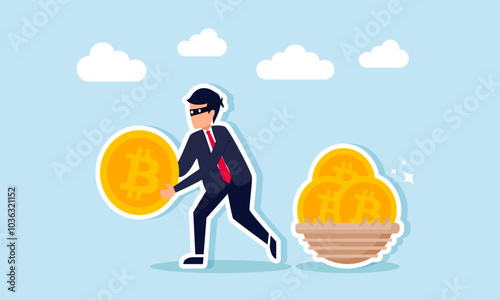 A businessman as a thief trying to steal bitcoin from a nest, illustration of a hacker stealing bitcoin assets