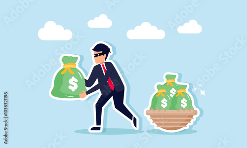 A businessman as a thief trying to steal a bag of money from a nest, illustration of a corruptor stealing company business assets
