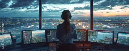 Female overseeing flights from her post in an air traffic control tower.