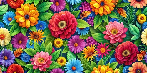 A symphony of vibrant petals, blooming in a riot of colors, interwoven with lush green foliage, creating a captivating tapestry of floral beauty.