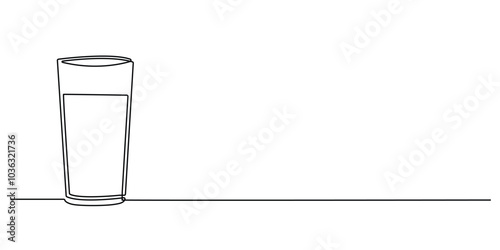 one continuous line drawing of a glass of white water.one line drawing of fresh water.vector single line illustration of a glass with white water.isolated white background