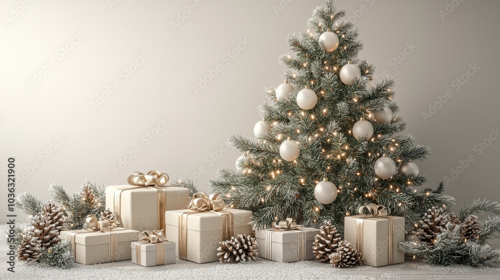 A beautifully decorated Christmas tree with white ornaments, glowing lights, and snow-dusted pine cones, surrounded by elegantly wrapped gifts for a festive holiday scene. A beautifully decorated Christmas tree with white ornaments, glowing lights, and snow-dusted pine cones, surrounded by elegantly wrapped gifts for a festive holiday scene.