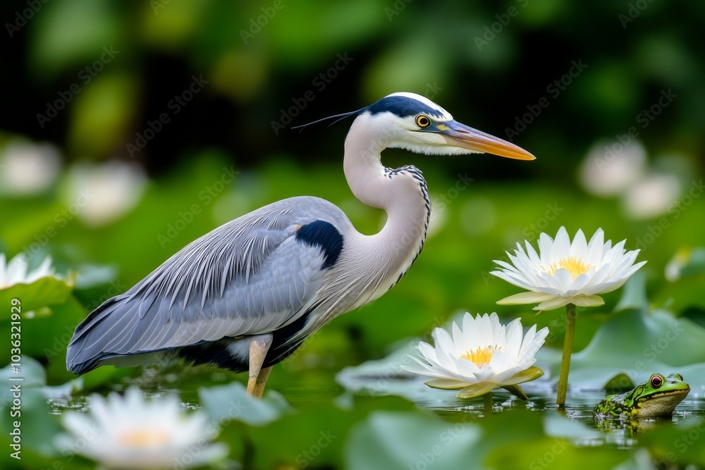 Nature, displayed in a wetland environment where herons, frogs, and aquatic plants coexist in a calm, water-filled habitat Nature, displayed in a wetland environment where herons, frogs, and aquatic plants coexist in a calm, water-filled habitat