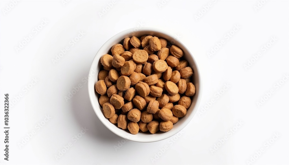Aerial view of a bowl filled with dry dog food on a white background with bright natural light Aerial view of a bowl filled with dry dog food on a white background with bright natural light
