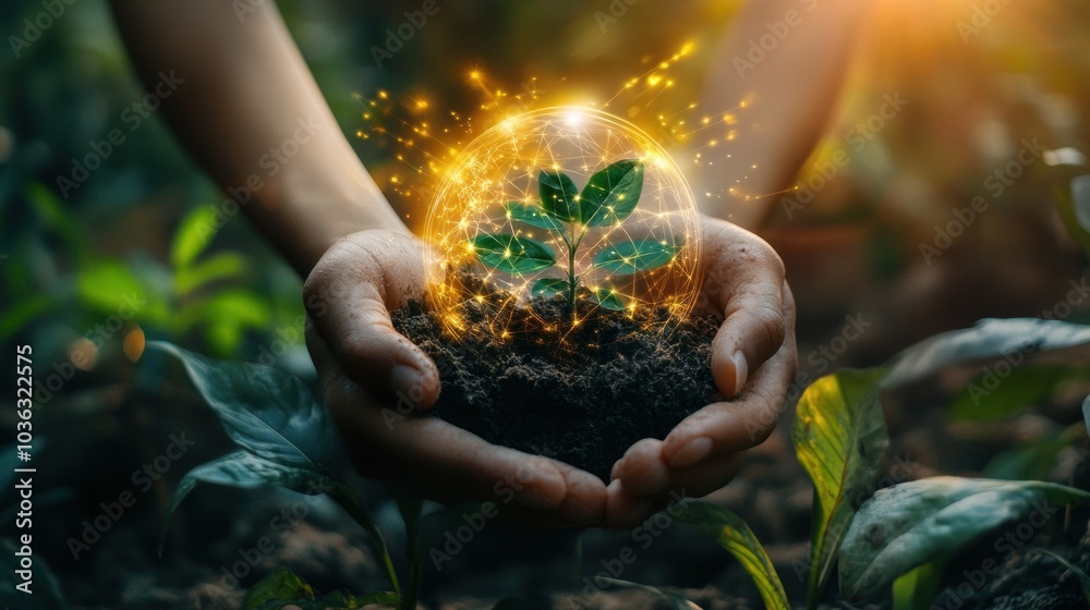 Fototapeta premium A pair of hands cradling soil with a glowing plant, symbolizing growth and sustainability.