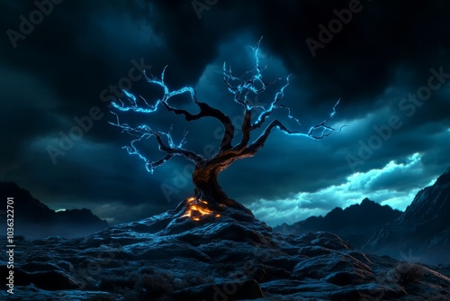 Nature, shown in a gothic-style mountain environment where stormy skies and dark, windswept trees dominate the haunting scene