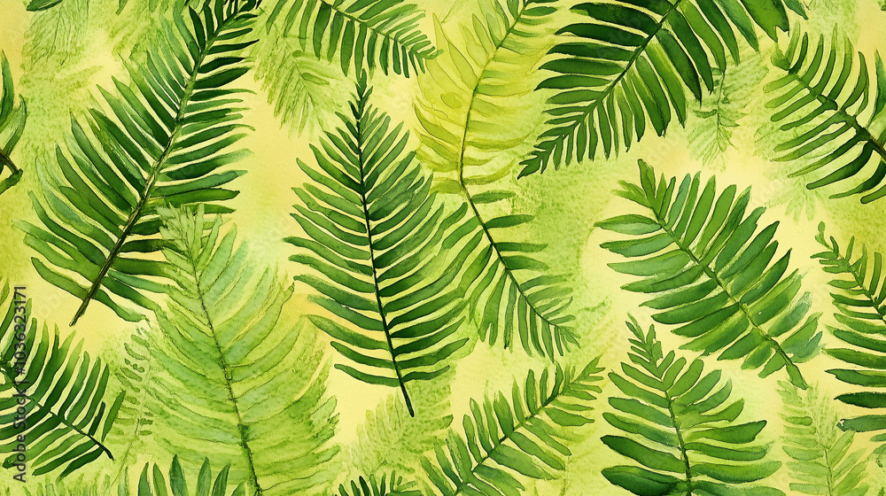 Seamless pattern with watercolor green fern leaves on yellow background. Tropical foliage design for fabric, wallpaper, wrapping paper Seamless pattern with watercolor green fern leaves on yellow background. Tropical foliage design for fabric, wallpaper, wrapping paper