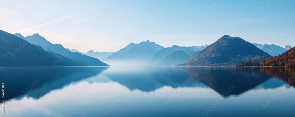 Serene mountain landscape reflecting in calm lake under clear blue sky. Serene mountain landscape reflecting in calm lake under clear blue sky.