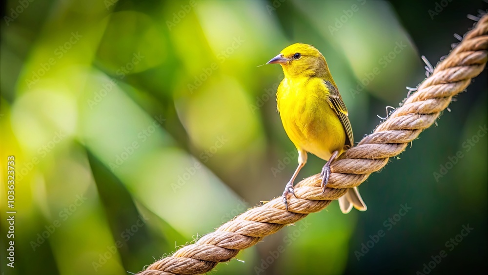 A Small Yellow Bird Perched on a Natural Rope Against a Background of Blurry Green Foliage A Small Yellow Bird Perched on a Natural Rope Against a Background of Blurry Green Foliage