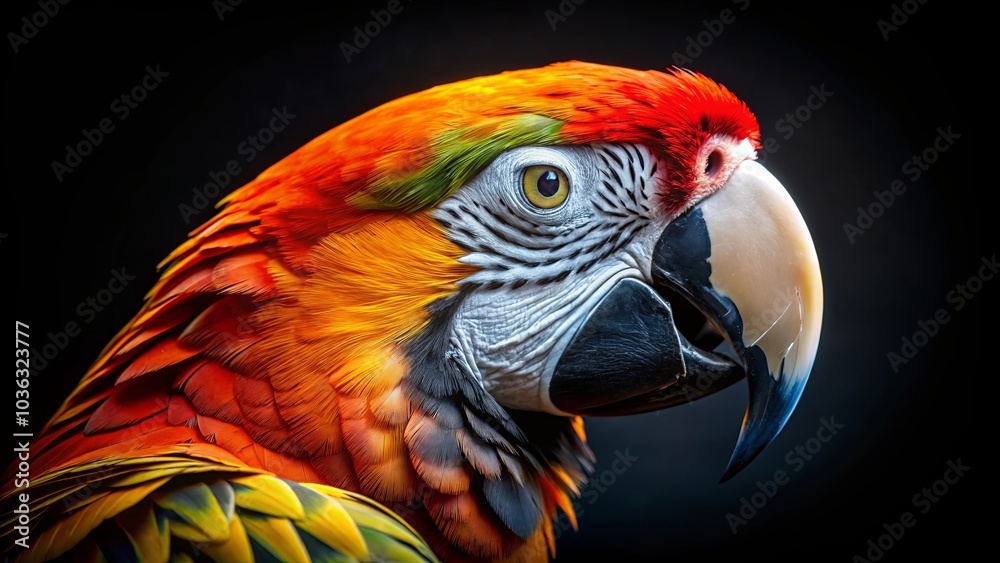 A vivid scarlet macaw's head, showcasing vibrant orange, red, green, and yellow feathers, its piercing yellow eye and powerful beak creating a captivating portrait against a dark backdrop. A vivid scarlet macaw's head, showcasing vibrant orange, red, green, and yellow feathers, its piercing yellow eye and powerful beak creating a captivating portrait against a dark backdrop.
