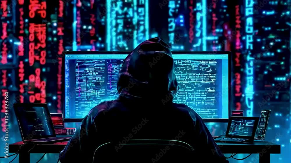 a hacker sitting in front of computer screens a hacker sitting in front of computer screens