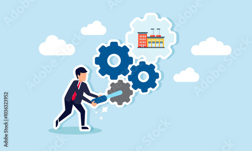 A businessman setting up a gear machine labeled as a factory, illustration of maintenance and performance adjustments in the factory
