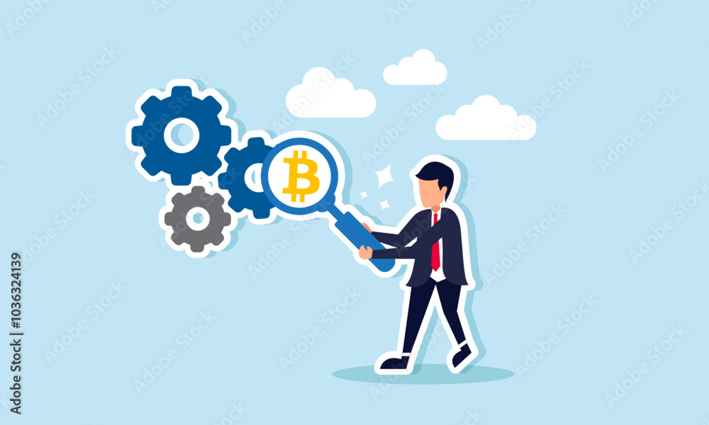 A businessman examining a machine gear with a magnifying glass labeled bitcoin, illustration of monitoring and evaluation of bitcoin asset performance A businessman examining a machine gear with a magnifying glass labeled bitcoin, illustration of monitoring and evaluation of bitcoin asset performance