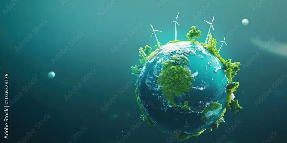 Climate action decarbonization concept with a globe surrounded by renewable energy sources, reducing carbon emissions globally Climate action decarbonization concept with a globe surrounded by renewable energy sources, reducing carbon emissions globally