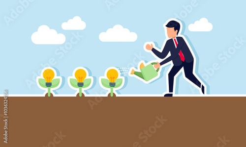 A businessman watering a plant with blooming light bulbs, illustration of care and analisa to cultivate fresh ideas and innovations