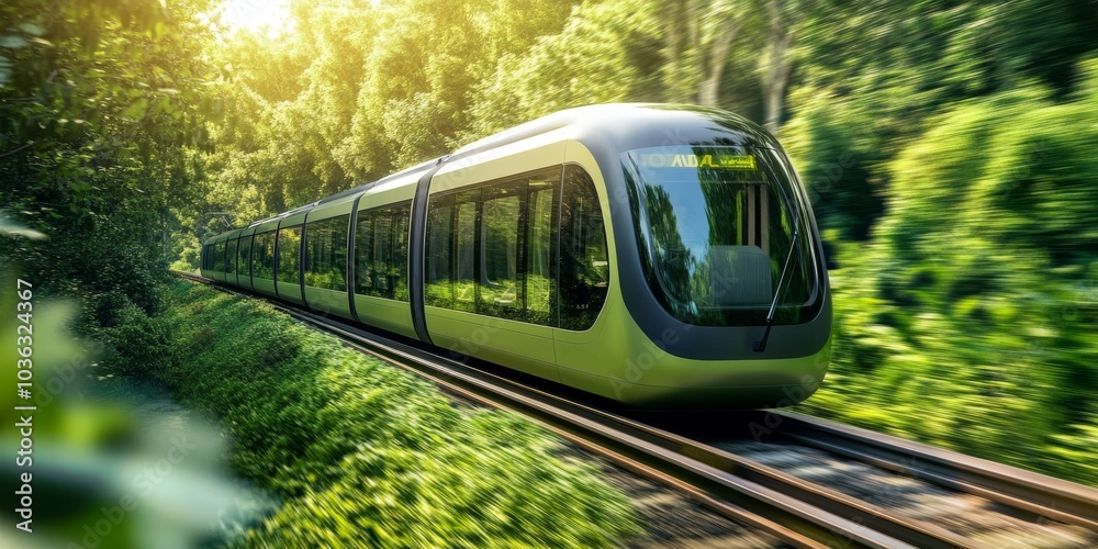 Naklejka premium A cutting-edge, fully electric autonomous train speeding along a rail line, surrounded by greenery, symbolizing a clean and sustainable future of public transportation.