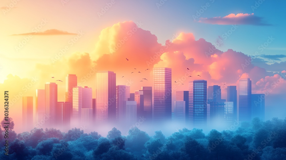 A city skyline with a beautiful orange and pink sky A city skyline with a beautiful orange and pink sky