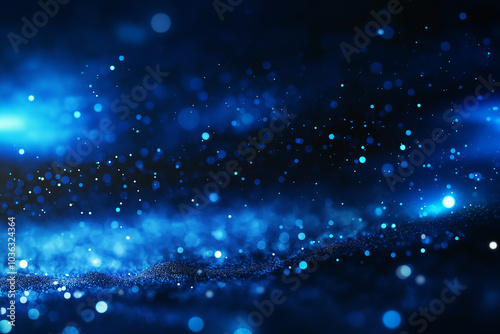 Abstract blue background with glowing particles, glitter, and bokeh on a dark blue gradient. AI generation