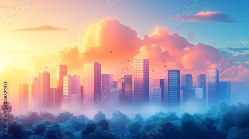 A city skyline with a beautiful orange and pink sky