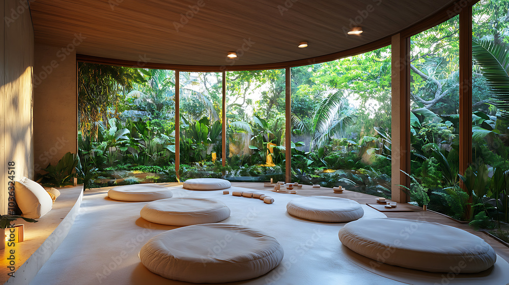 Fototapeta premium A soothing meditation room with soft cushions arranged in a circle, filled with natural light from floor-to-ceiling windows overlooking a tropical garden, offering a serene environment for mindfulness