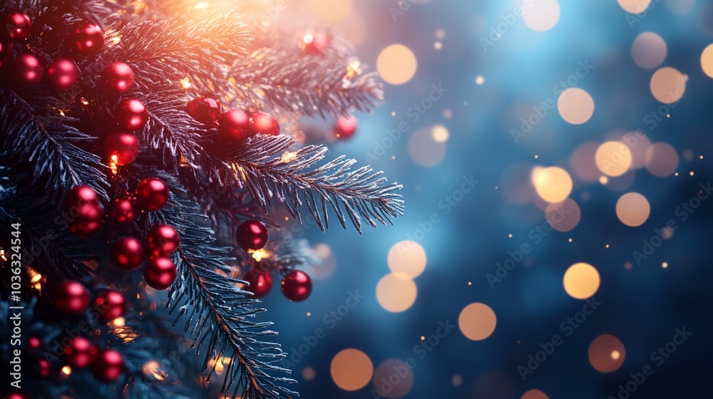 A Christmas tree with red berries and lights A Christmas tree with red berries and lights
