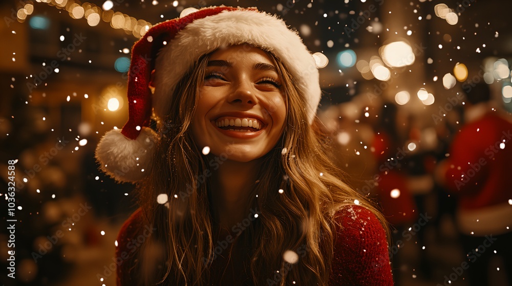 a woman wearing a Santa hat and smiling at the camera with snow falling around her and lights in the background a woman wearing a Santa hat and smiling at the camera with snow falling around her and lights in the background