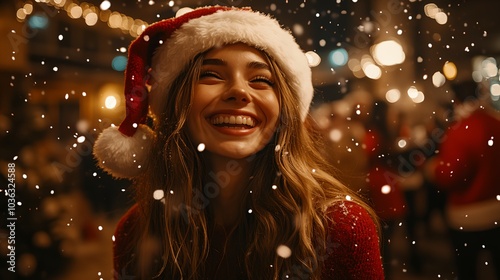 a woman wearing a Santa hat and smiling at the camera with snow falling around her and lights in the background