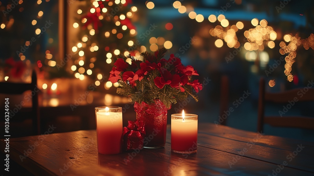 A table with three candles and a vase of red flowers. The scene is set in a cozy and warm atmosphere A table with three candles and a vase of red flowers. The scene is set in a cozy and warm atmosphere