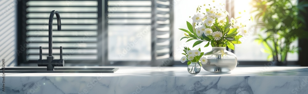 a vase with flowers on a marble counter top in a kitchen with a window in the background
