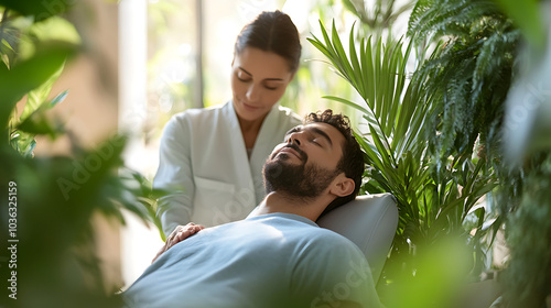 A chiropractor adjusting a patient’s posture in a modern clinic surrounded by natural greenery, with a focus on healing and alignment in a tranquil, nature-filled setting 