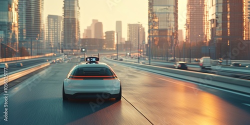 A fully autonomous taxi cruising effortlessly on a highway with no driver inside, showcasing its advanced technology and sleek exterior, blending innovation with modern infrastructure. photo