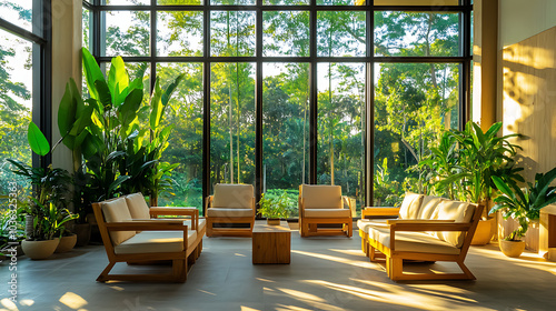 A view of a calming reception area in a modern holistic clinic, featuring natural wooden furniture, tropical plants, and large windows with views of lime trees, creating a welcoming and peaceful 