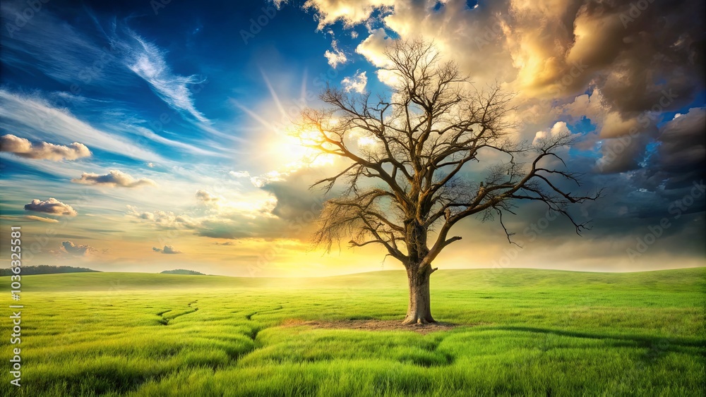 Fototapeta premium A solitary bare tree stands tall against a backdrop of vibrant green grass and a breathtaking sunset, casting long shadows across the meadow, a testament to the enduring beauty of nature's contrast.