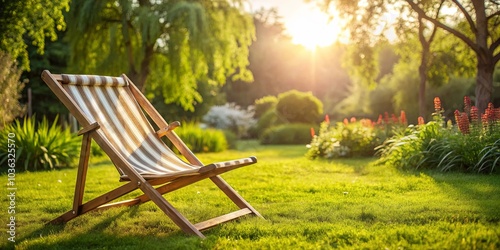 A solitary striped chair sits on a lush green lawn bathed in the warm glow of a setting sun, surrounded by blooming greenery.