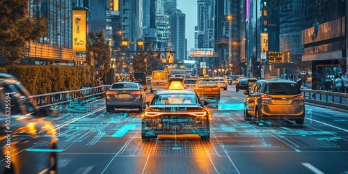 A futuristic autonomous taxi driving safely through heavy urban traffic, with visible data overlays showing the car real-time safety decisions and route planning, ensuring passenger security.