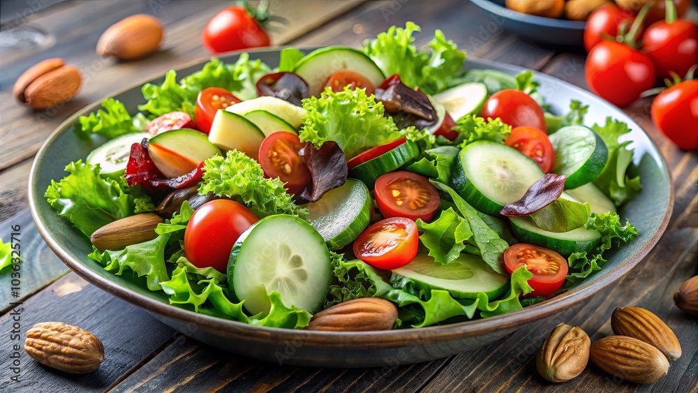 A Fresh Salad with Cucumber, Cherry Tomatoes, and Almonds Served in a Bowl on a Rustic Wooden Table A Fresh Salad with Cucumber, Cherry Tomatoes, and Almonds Served in a Bowl on a Rustic Wooden Table