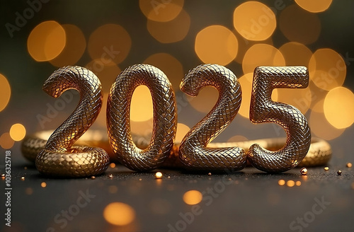 New Year 2025. Golden metal numbers 2025 made from snakes skin on golden background
