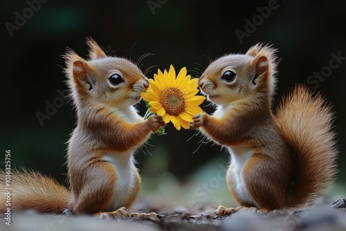 Two Red Squirrels Holding a Yellow Sunflower, One Giving the Flower to the Other, Set Against a Green Forest Background, Romantic Scene in Raw Photography Style 