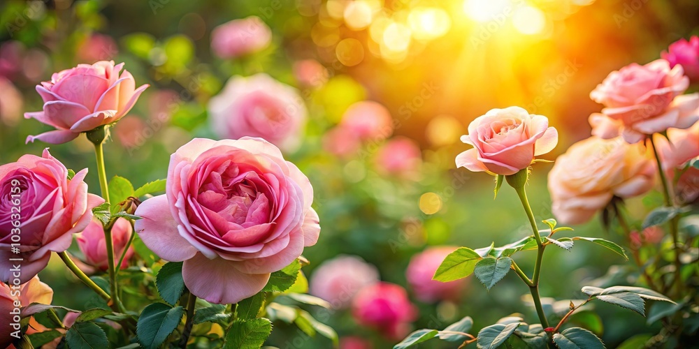 Fototapeta premium Blooming Roses bathed in Golden Sunlight, a vibrant symphony of pink petals and lush green foliage, a breathtaking spectacle of nature's beauty