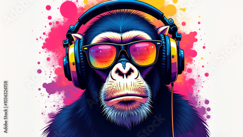 style T-Shirt Design The picture shows a monkey with sunglasses The Dragonis wearing colorful eye-catching headphones photo