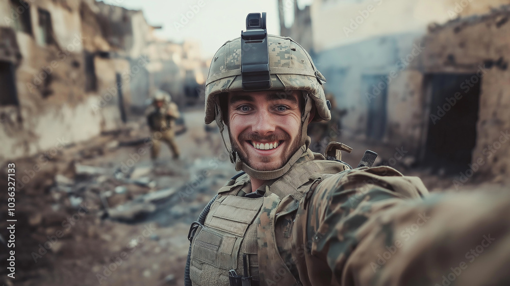 Obraz premium Brave Soldier Smiling for a Selfie in the War Zone