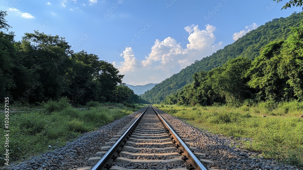 Fototapeta premium The railway tracks are surrounded by vibrant green trees on both sides, and in the bright sunlight, several white clouds are scattered in the blue sky, creating a fresh and peaceful natural atmosphere