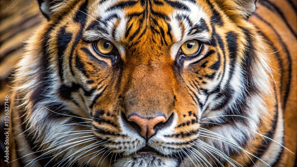Obraz premium A close-up portrait of a tiger, its piercing gaze and sharp whiskers capturing the essence of its predatory nature.