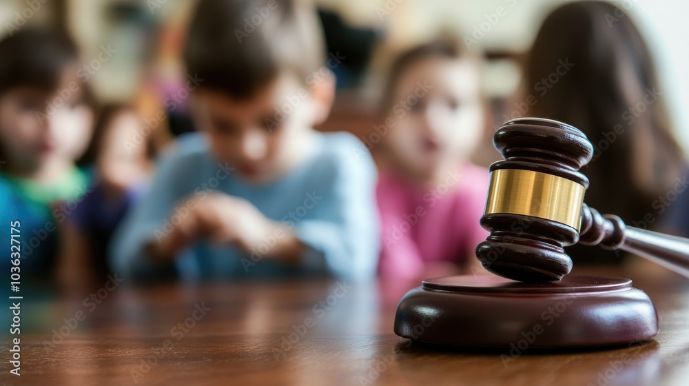 Close up of a legal judges hammer with a blurred child in the background. Child custody concept