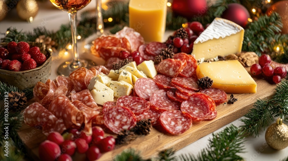 A luxurious charcuterie board with holiday treats, including cheese wedges, sliced salami, and seasonal fruits. A luxurious charcuterie board with holiday treats, including cheese wedges, sliced salami, and seasonal fruits.